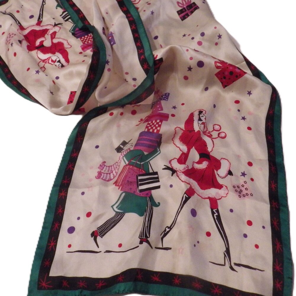 Vintage Silk Scarf/ Cute Christmas Shopping Theme/ Mrs Santa Claus